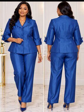 Halmode Plus Formal Wear Royal Blue Silk 2 piece Pantsuit Set Blazer Trouser 20W